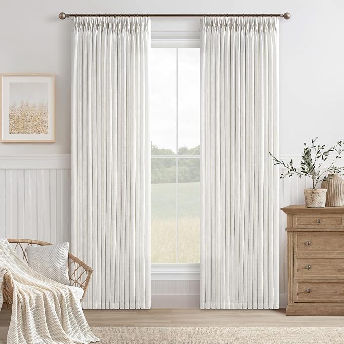Pleated Semi Sheer Light Filtering Linen Beige Curtains 108 Inches Long | White - Image 8