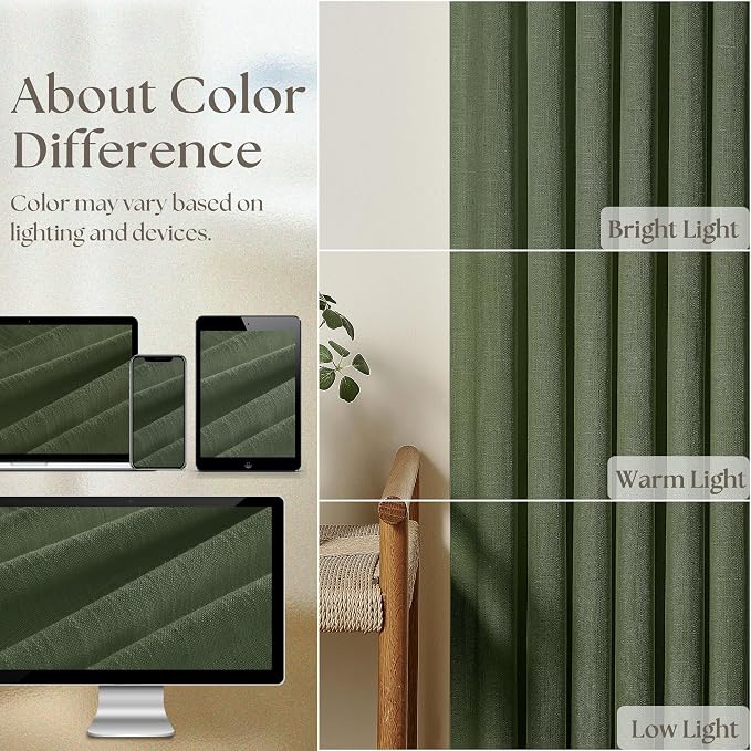 Olive Green Pinch Pleated Linen Semi Sheer Bedroom Curtains 92 Inches Long | - Image 4