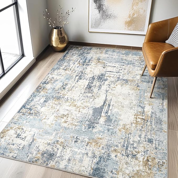 LOONGRUG 4x6 Area Rug Machine Washable Neutral Modern Abstract Rugs Blue | Soft by LOONGRUG