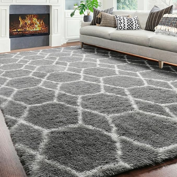 Area Rugs for Living Room, 7x10 Fluffy Grey and White Geometric Bedroom Rug | by ONASAR