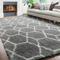 Area Rugs for Living Room, 7x10 Fluffy Grey and White Geometric Bedroom Rug | by ONASAR