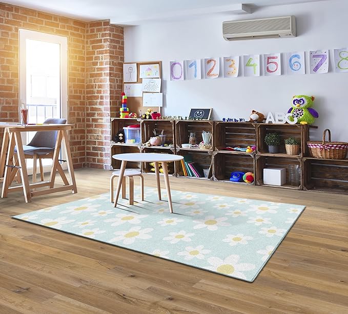 Flagship Carpets Schoolgirl Style White Daisies on Blue Educational Area Rug for Kids Room Seating Décor, Children's Classroom, Play Carpet for Teaching and Playroom, 5' x 7'6"