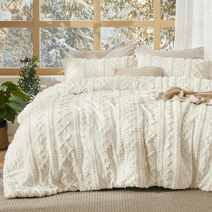 Bedsure Tufted Boho Comforter Set Oversized King - Ivory Boho Bed Set, GentleSoft™ 3 Pieces Farmhouse Shabby Chic Embroidery Bedding, Gifts for Woman, Soft Jacquard Comforter for All Seasons