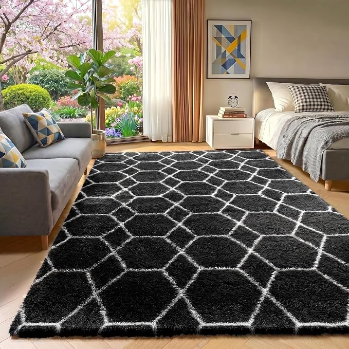 7x9 Area Rugs for Living Room Bedroom, Fluffy Black and White Geometric Rug | - Image 5