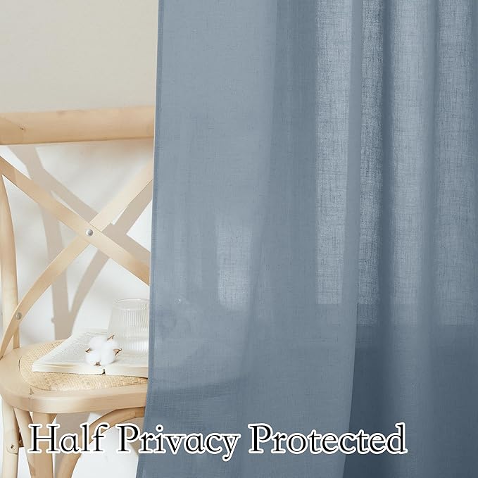 RYB HOME Elegant Semi Sheer Curtains for Nursery Kids Room, Linen Blended Burlap Fabric Light Filtering Breathable Bohemian Home Decor for Living Room Bedroom, Dusty Blue, W 100 x L 90, 1 Pc