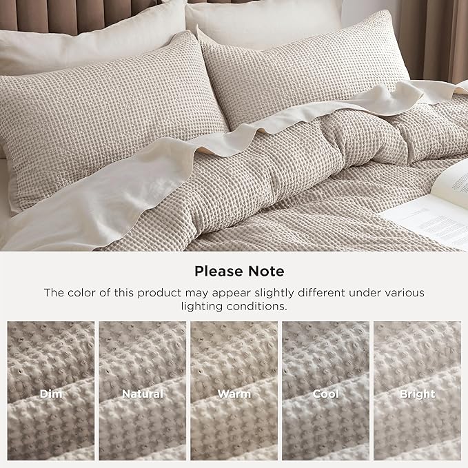 Bedsure 100% Cotton Duvet Cover Queen Size with Fitted Sheet - 4 Pieces Linen Color Waffle Weave Bedding Set, GentleSoft™ and Breathable, Includes 1 Duvet Cover 90x90, 1 Fitted Sheet, 2 Pillow Shams