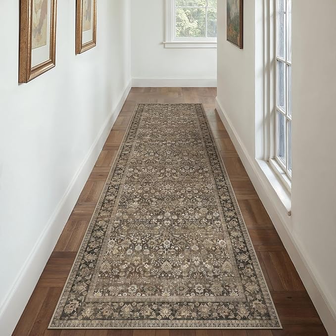 3x12 Brown Vintage Floral Washable Runner Rug by HUGEAR