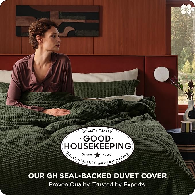 Bedsure Cotton Duvet Cover Full - 100% Cotton Waffle Weave Olive Green Duvet Cover Set, GentleSoft™ and Breathable Bedding Set for All Season, 3 Pieces, 80"x90"