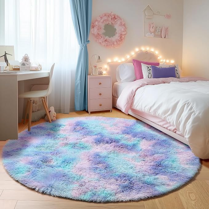 Rainbow Round Area Rugs 6ft, Fluffy Soft Bedroom Circle Rug - Image 3