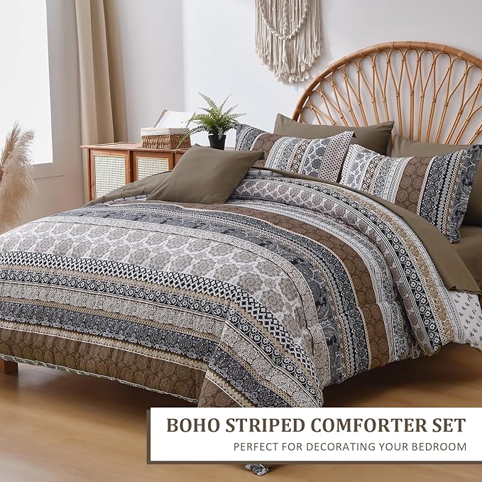 Cottolester Brown Comforter Set Queen Size,Boho Fall Bed in a Bag 8 Pieces,Paisley Soft Microfiber Bedding Comforter Set