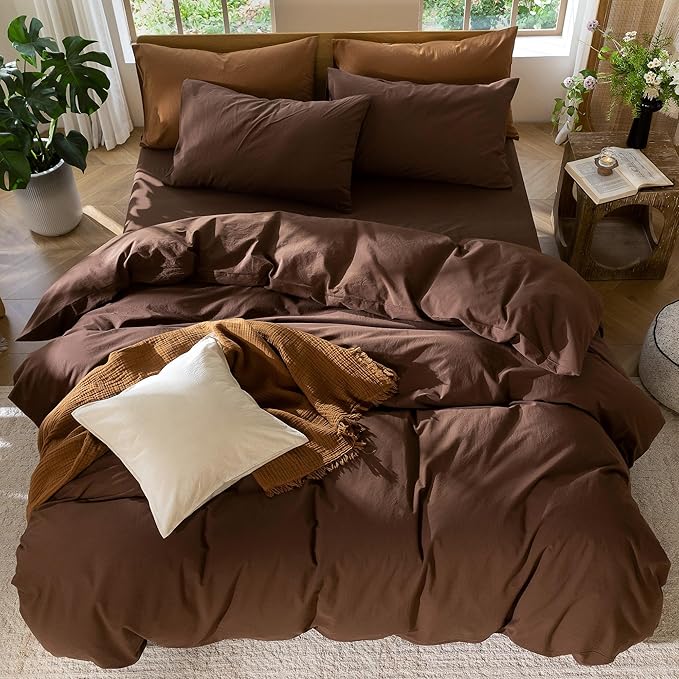 MooMee Bedding Duvet Cover Set 100% Washed Cotton Linen Like Textured Breathable Durable Soft Comfy (Solid Cocoa Brown, Oversized Queen 98"x98")