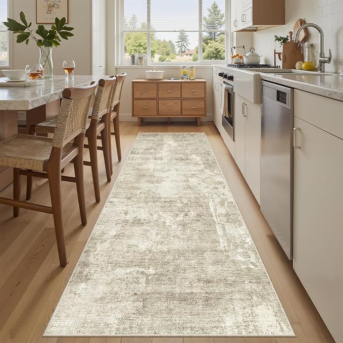 Soalmost Runner Rug 2'6"x8' Kitchen Hallway Runners Abstract Beige/Gray | - Image 3
