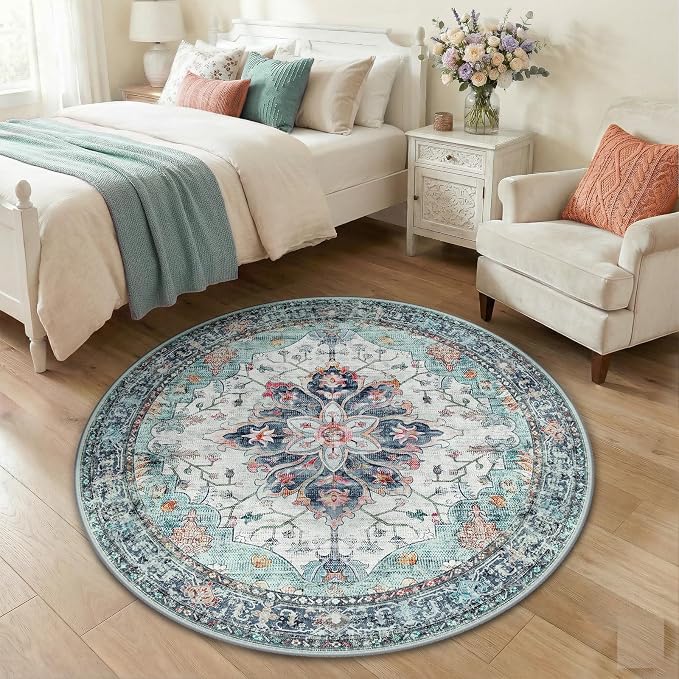 RELEANY Washable Area Rug, Round 4ft, Teal Green/White/Navy | Non-Slip by RELEANY
