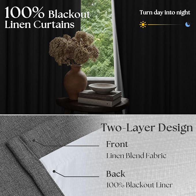 Dark Grey Pleated Thick Linen Blackout Curtains 100 Inches Long - Image 2