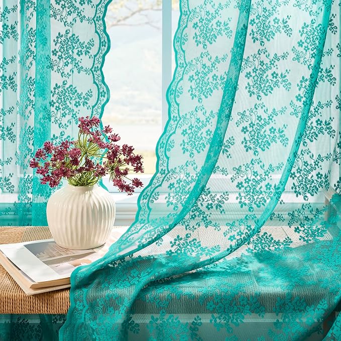 YJ YANJUN Vintage Lace Curtains 63 Inch Length Victorian Floral Teal Sheer - Image 2