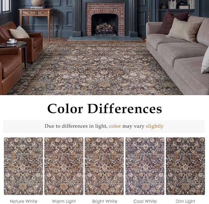 10x14 Brown Blue Vintage Floral Washable Area Rug - Image 9