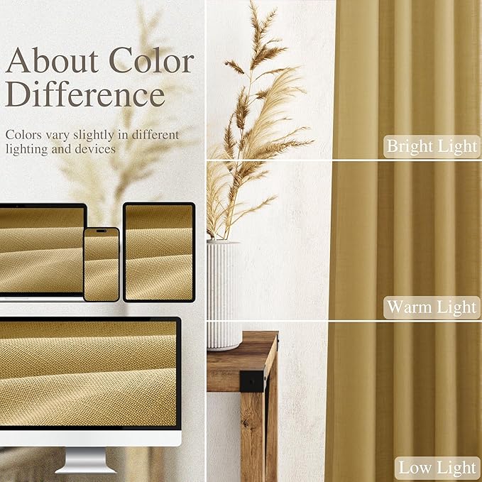 Gold Linen Curtains 102 Inches Long Rod Pocket Back Tab Drapes 2 Panels Set - Image 3