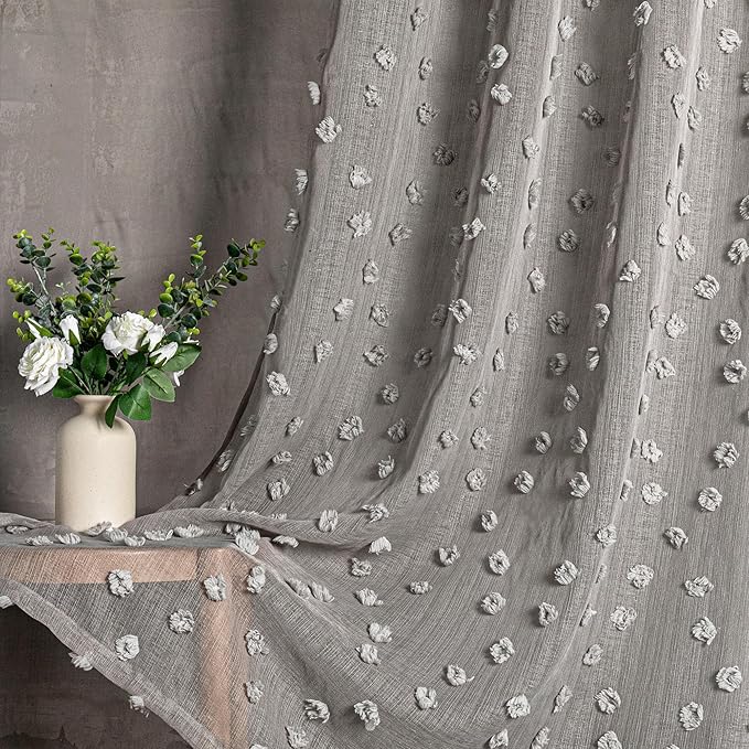 MYSKY HOME Pom Pom Grey Sheer Curtains for Bedroom Girls Room Curtains 120 Inches Long for Nursery Kids Light Filtering Boho Window Drapes, Rod Pocket, 38" Wide, 2 Panels