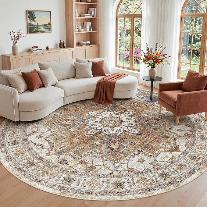 Madane Washable 9ft Circle Round Rug, 9x9 Circular Area Rugs, Turmeric/Grey | by Madane