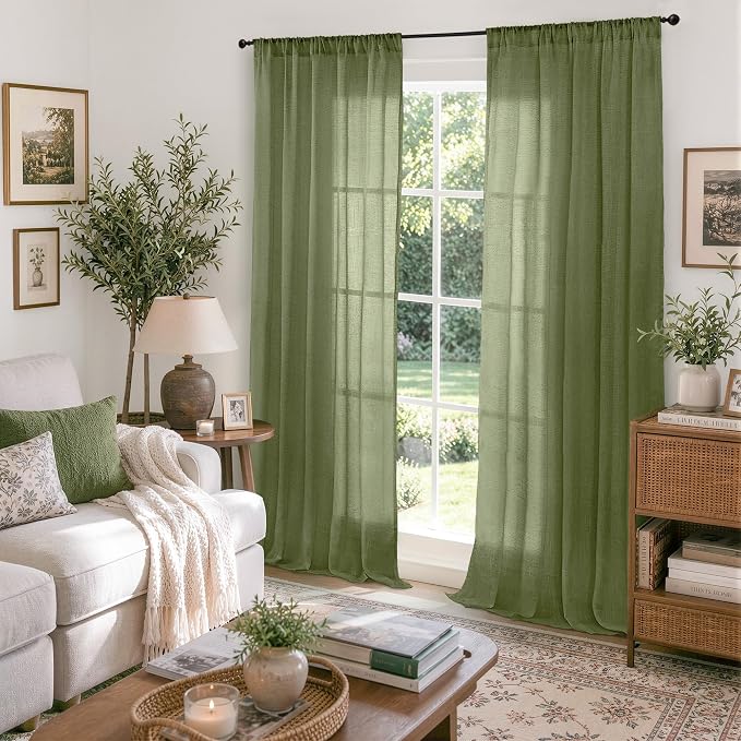 BGment Olive Green Linen Sheer Curtains 84 Inches Long - Image 2