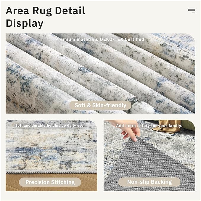 Soalmost Abstract Rug 8x10 Large Living Room Area Rugs Washable Blue/Yellow | - Image 6