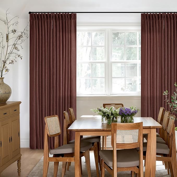 Chestnut Brown Thick Linen Pinch Pleated Curtains 120 Inches Long 2 Panels | - Image 6