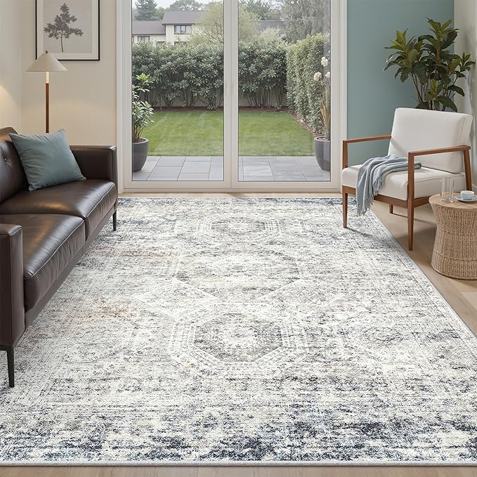 Soalmost 5x7 Area Rugs Blue/Ivory Low Pile Washable Trendy Faded Style Rug | by Soalmost