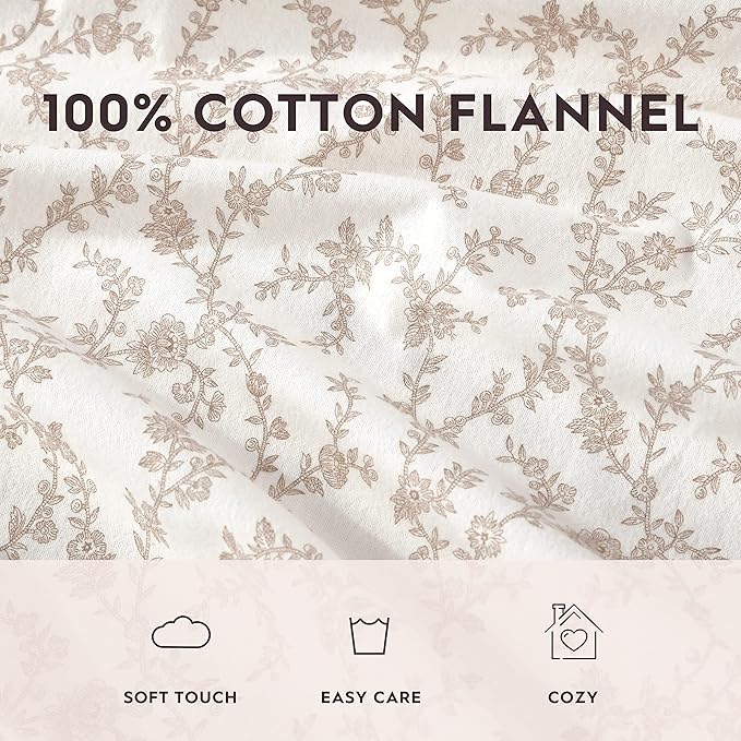 Laura Ashley - Flannel Sheets Full Size, Anti-Pilling & Wrinkle Resistant Cotton, Touchably Soft for All-Season Comfort - Bed Sheets with Matching Pillowcases & Fitted Sheet (Victoria Beige)