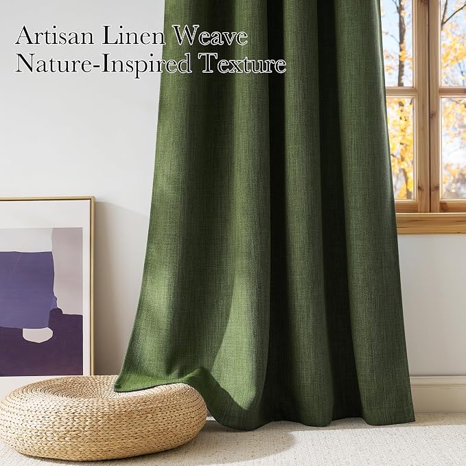NICETOWN Froest Green Faux Linen Room Darkening Rod Pocket Curtains 63 inch - Image 3
