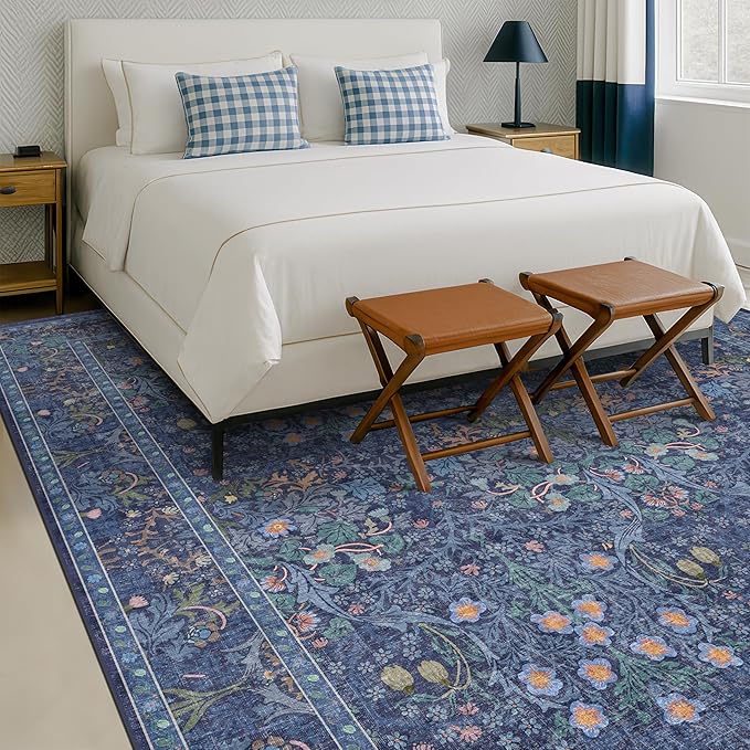 Dark Blue Living Room Rug 8x10, Vintage Floral Washable Area Rugs - Image 9