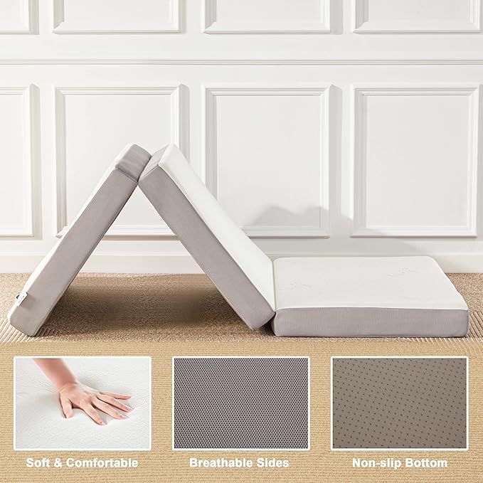 Folding Mattress, 4 Inch Memory Foam Tri-fold with Breathable Bamboo Fiber Fabric Cover, Foldable Floor Mattress Guest Bed for Camping, Road Trip, Twin