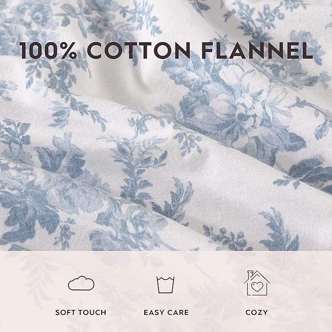 Laura Ashley - Flannel Sheets Full Size, Anti-Pilling & Wrinkle Resistant Cotton, Touchably Soft for All-Season Comfort - Bed Sheets with Matching Pillowcases & Fitted Sheet (Vanessa Blue)
