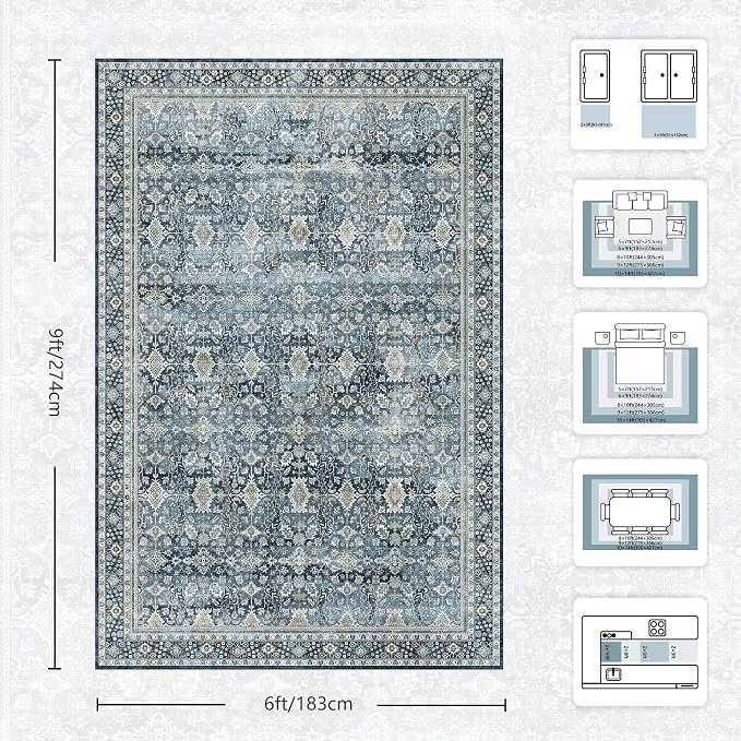 6x9 Area Rugs - Washable Vintage Retro Living Room Rug, Soft Ultra Thin Non - Image 2