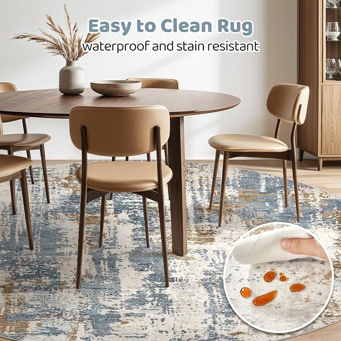 LOONGRUG Round Rug 8x8 Washable Large Neutral Modern Circle Rugs Blue Tan | - Image 5