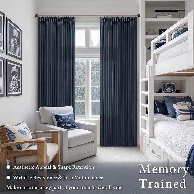 Dark Blue Memory Trained Linen Pinch Pleated Semi Sheer Curtains 108 Inches | - Image 2