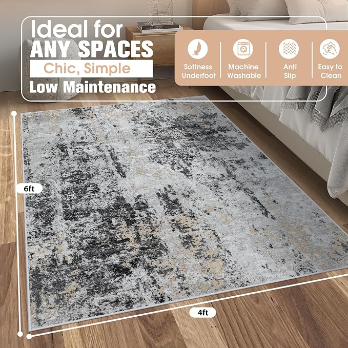 4x6 Area Rugs for Living Room Washable Bedroom Dining Room Black Grey Gold | - Image 2