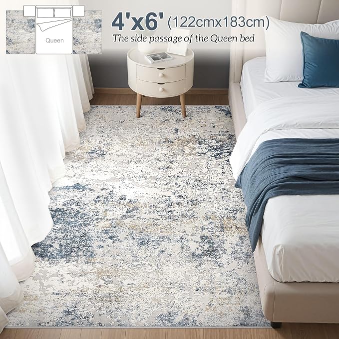 DMOYEST Area Rug Living Room Rugs 4x6 Washable Abstract Beige Blue Carpet | - Image 5