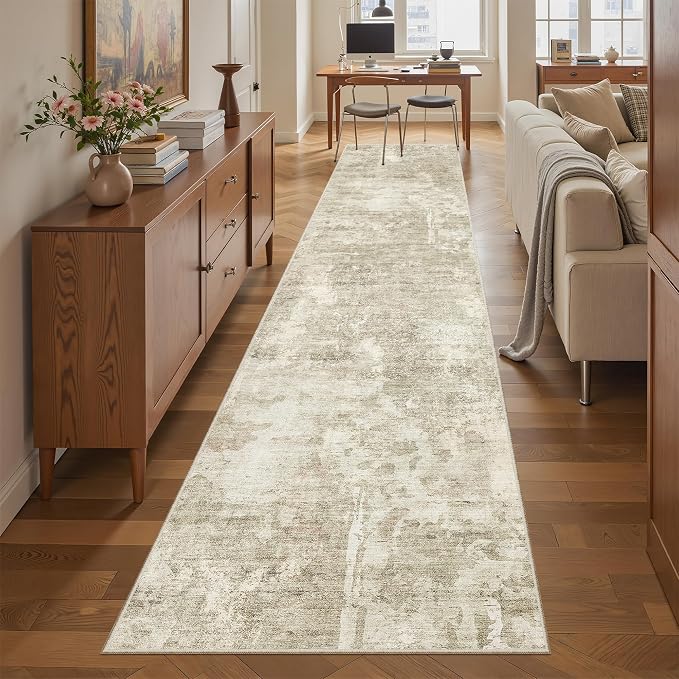 Soalmost Abstract Runner Rug 2x10 Hallway Kitchen Runners Beige/Gray | Vintage - Image 2