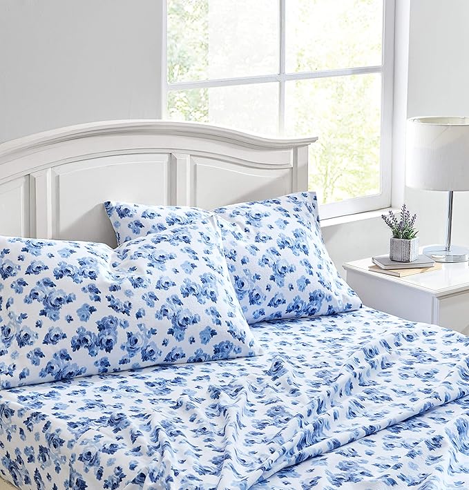 Laura Ashley - Flannel Sheets King Size, Anti-Pilling & Wrinkle Resistant Cotton, Touchably Soft for All-Season Comfort - Bed Sheets with Matching Pillowcases & Fitted Sheet (Emelisa Blue)