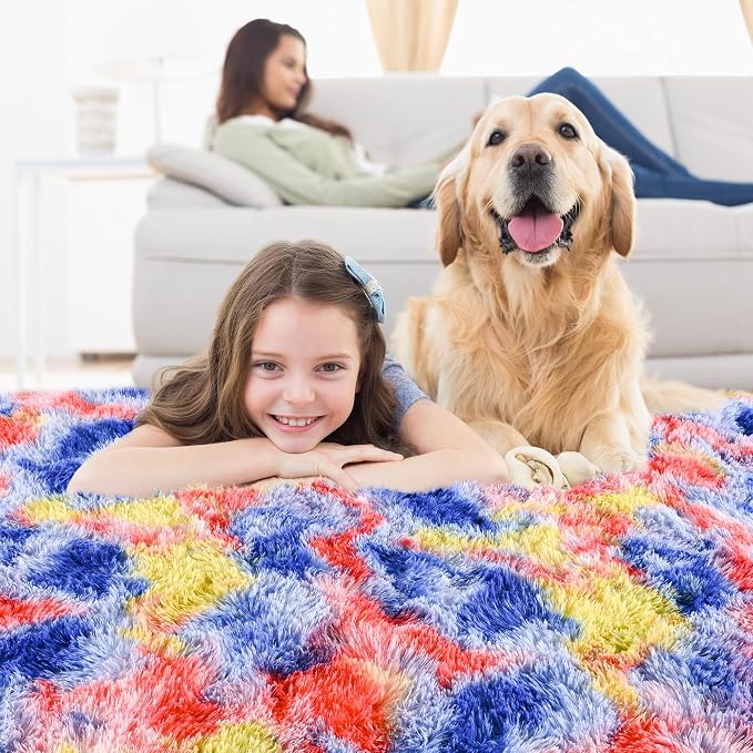 3x5 Tie-Dyed Blue Red Yellow Fluffy Soft Area Rug Non-Slip - Image 7