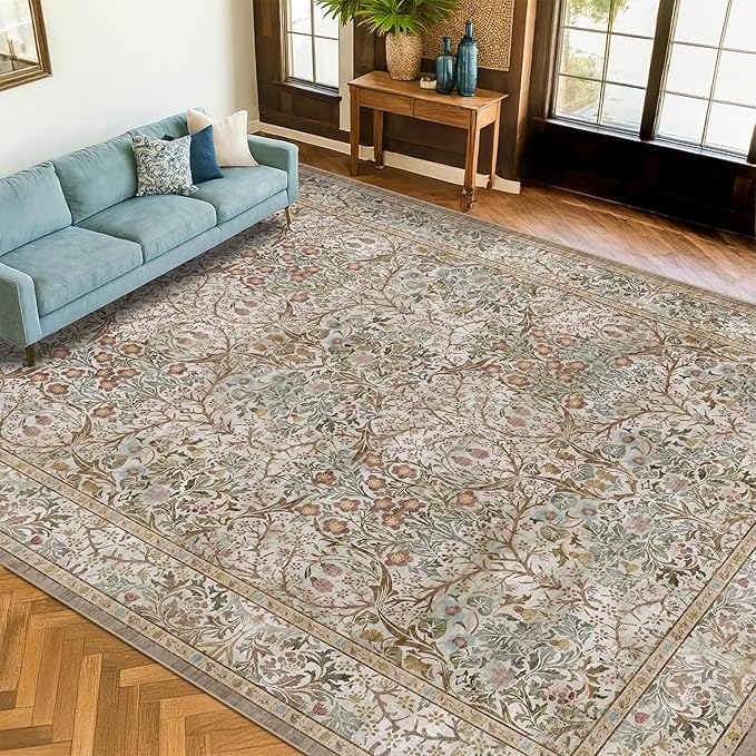 Vintage Moss Green Living Room Rug, 7x10 Washable Large Area Rugs by HazoHaus