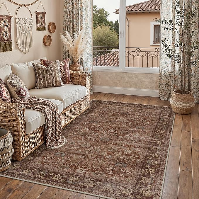 3x5 Brick Red Vintage Floral Washable Area Rug by HUGEAR