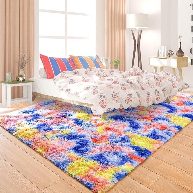 5x7 Tie-Dyed Blue Red Yellow Fluffy Soft Area Rug Non-Slip - Image 2