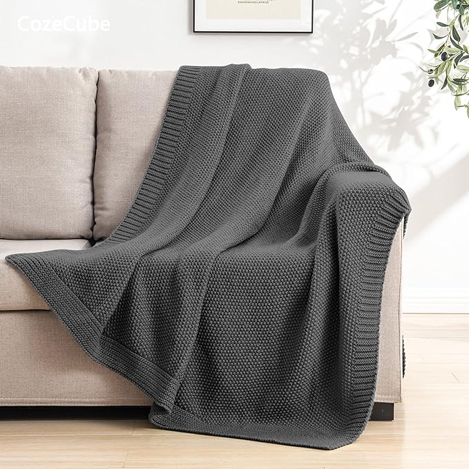 CozeCube Charcoal Grey Seed Stitch Throw Blanket 50"x60", Farmhouse Decor | - Image 3