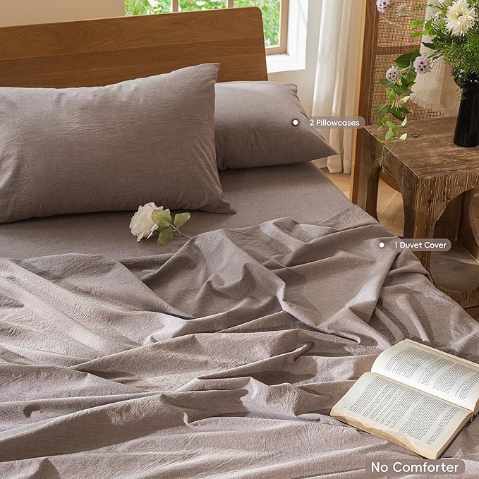 MooMee Bedding Duvet Cover Set 100% Washed Cotton Linen Like Textured Breathable Durable Soft Comfy (Heathered Mauve Brown, Super Queen 90"x98")