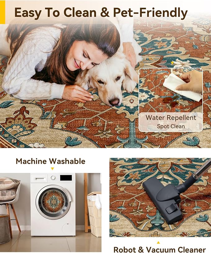 RELEANY Washable Area Rug, Round 10ft, Water Repellent, Pet Friendly, Vintage - Image 5