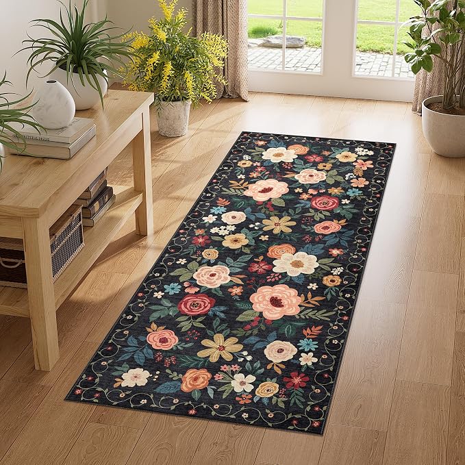 DUKINO 2x5 Runner Rug, Floral Washable Rug by DUKINO