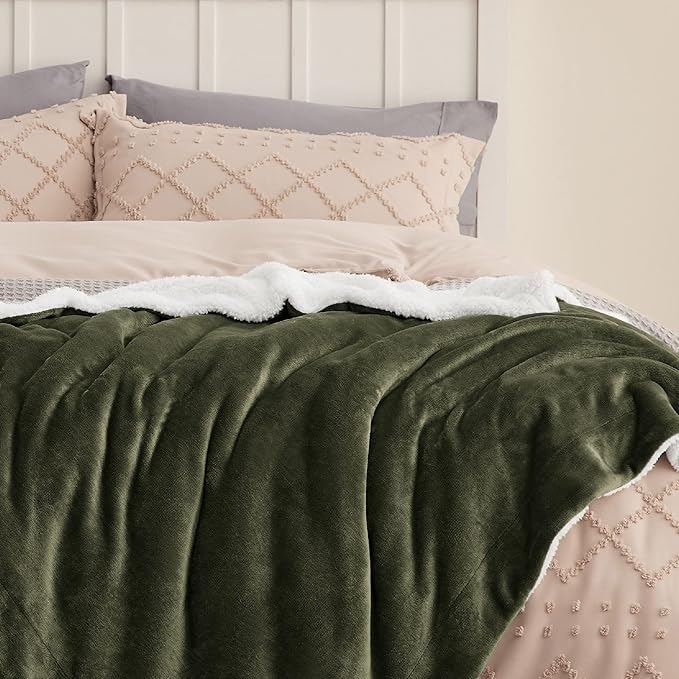 Bedsure GentleSoft Sherpa Fleece Blankets King Size for Bed - Thick and Warm Throw for Women and Men, Soft Fuzzy Plush King Blanket for Winter, Olive Green, 108x90 Inches