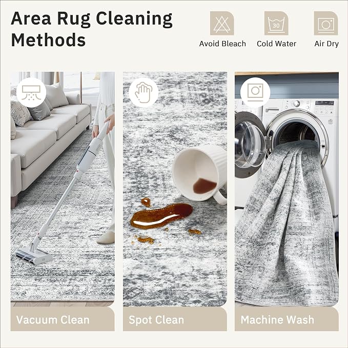 Soalmost Round Rugs 8ft Living Room Circle Area Rug 8x8 Grey Vintage | Washable - Image 7
