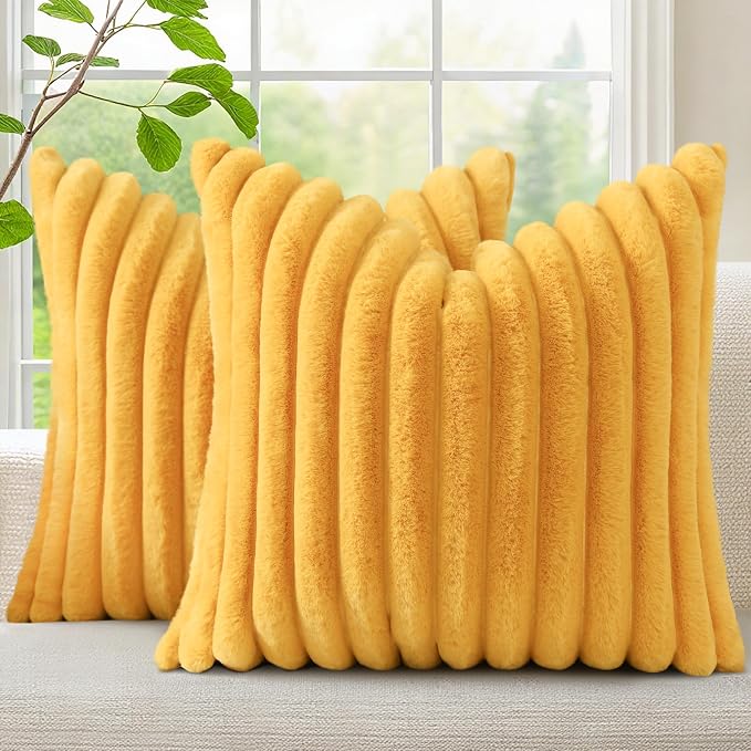 decorUhome Fall Faux Fur Throw Pillow Covers 20x20 Set of 2 Mustard Yellow | by decorUhome